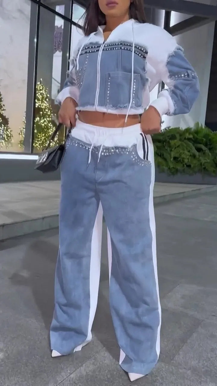 Set casual din denim și sclipici